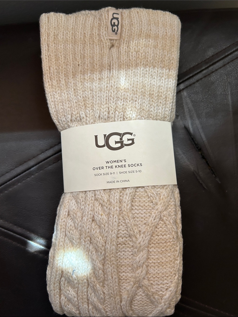 UGG Women's Over-the-Knee Cable Knit Socks in Light Beige - Picture 4 of 5